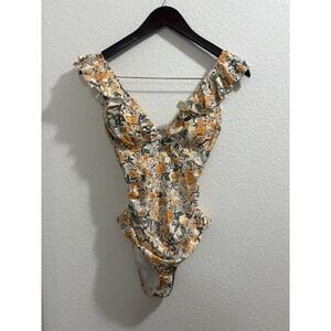 BNWT CUPSHE Women's Ruffled One Piece Swimsuit Small Floral V Neck Lace Up XS